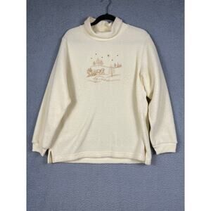 Artisans Women's Fleece Holiday Embroidered Pull Over Sweatshirt Size L Cream